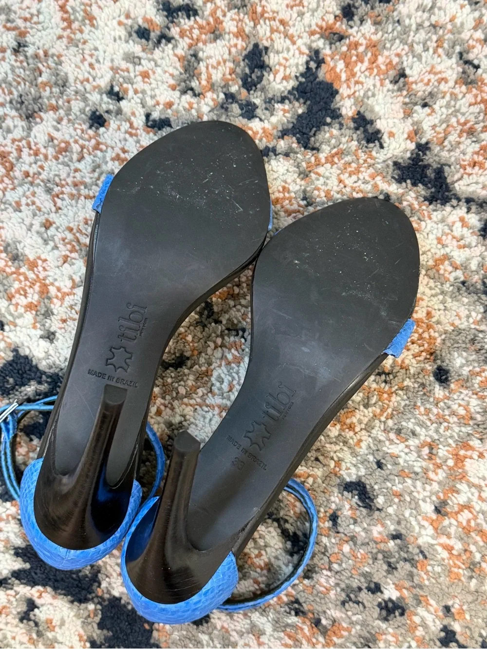 Tibi ‘Amber’ Blue Python Snake Embossed Ankle Strap Open Toe Heels Size 8